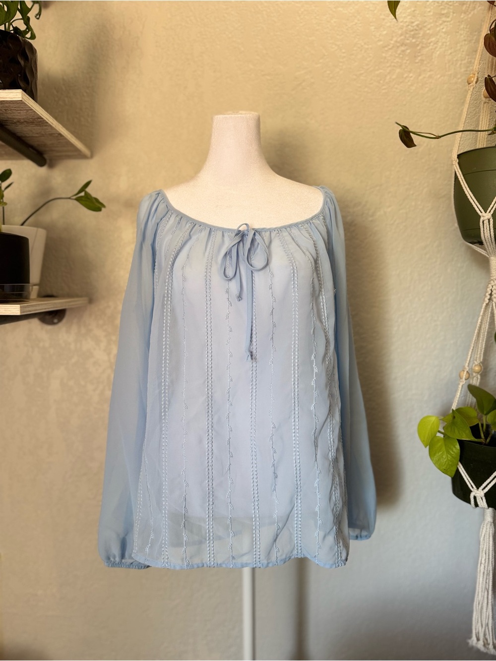 AB Studio Light Blue Tie-Neck Peasant Blouse